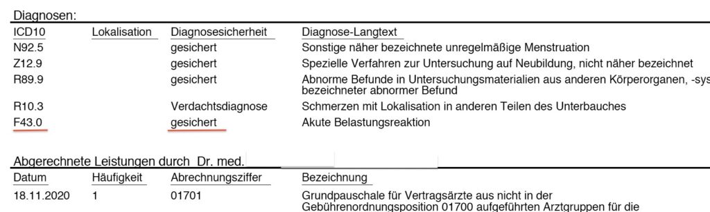 Auszug aus einer Patientenquittung einer Fachärztin (nicht Psychologie, nicht Psychotherapeut)