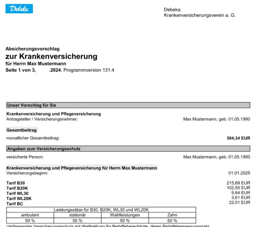 Debeka Beitragsanpassung 2025 Beispiel Bundesbeamter mit Beginn 2025