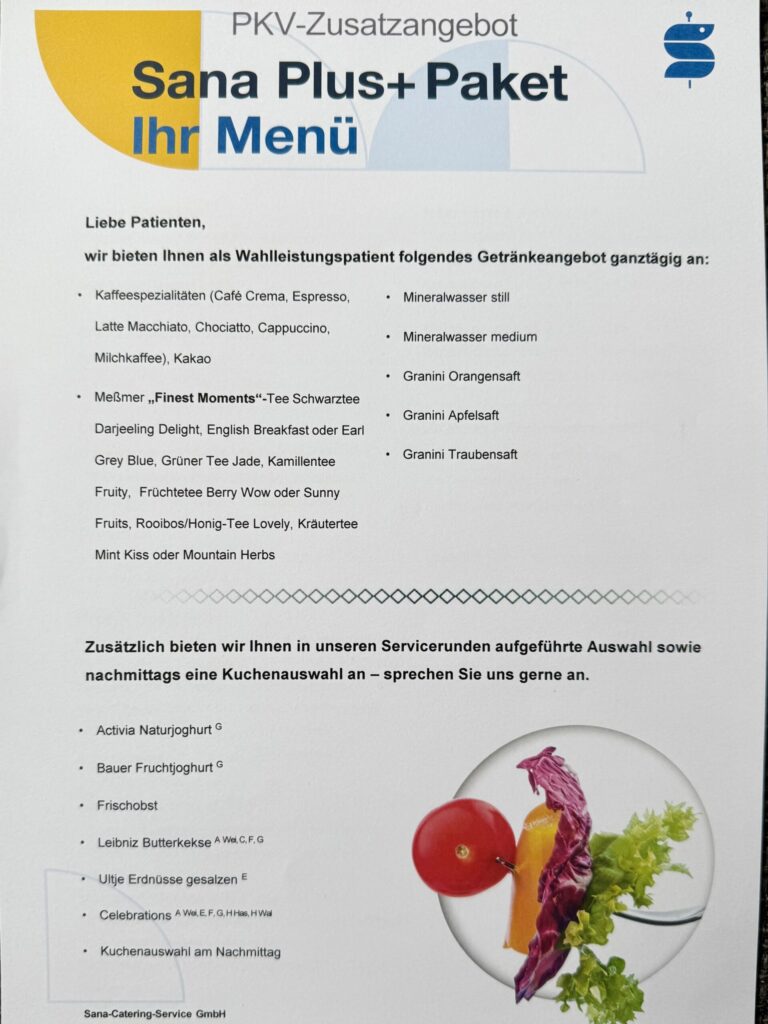 Sana Krankenhaus Bergen auf Rügen, Minibar und Sondermenü