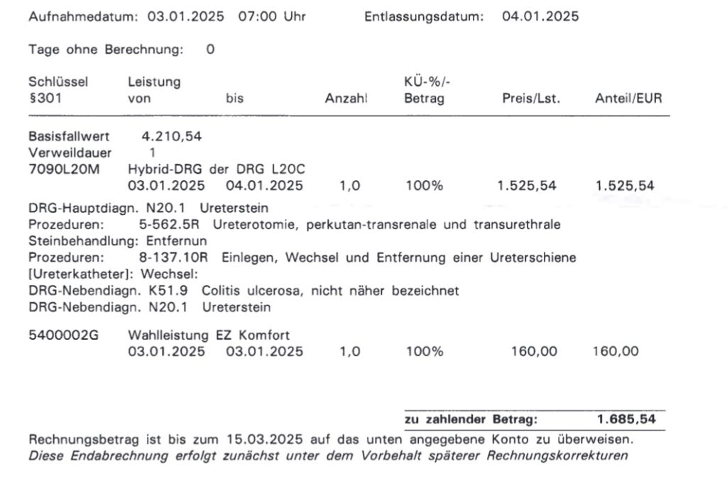 Krankenhausaufenthalt mit Nierenstein